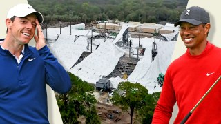 McIlroy, left, and Woods, right, will have to wait to launch their indoor golf league after the roof of the SoFi Center in Florida collapsed last week