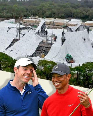 McIlroy, left, and Woods, right, will have to wait to launch their indoor golf league after the roof of the SoFi Center in Florida collapsed last week