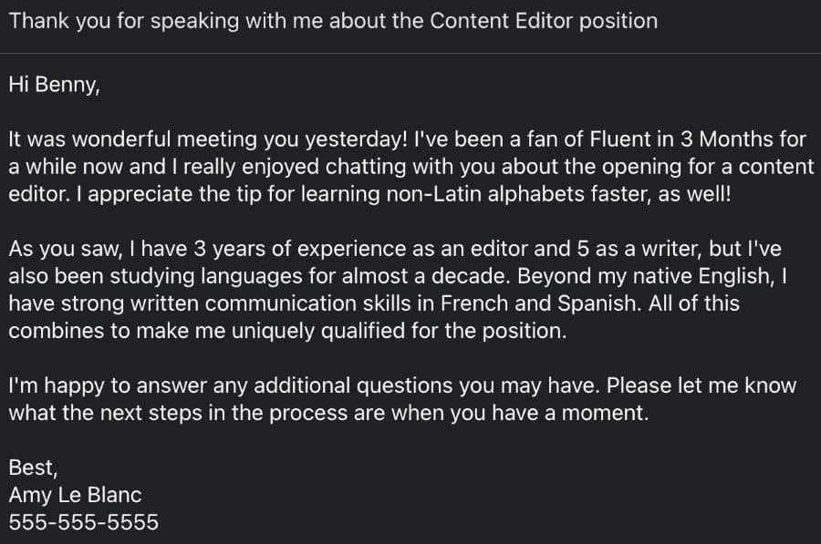 thank you email after interview virtual email example